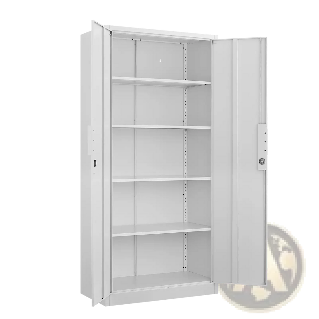 White steel file cabinet 70 inch with two lockable doors and four adjustable shelves for secure storage