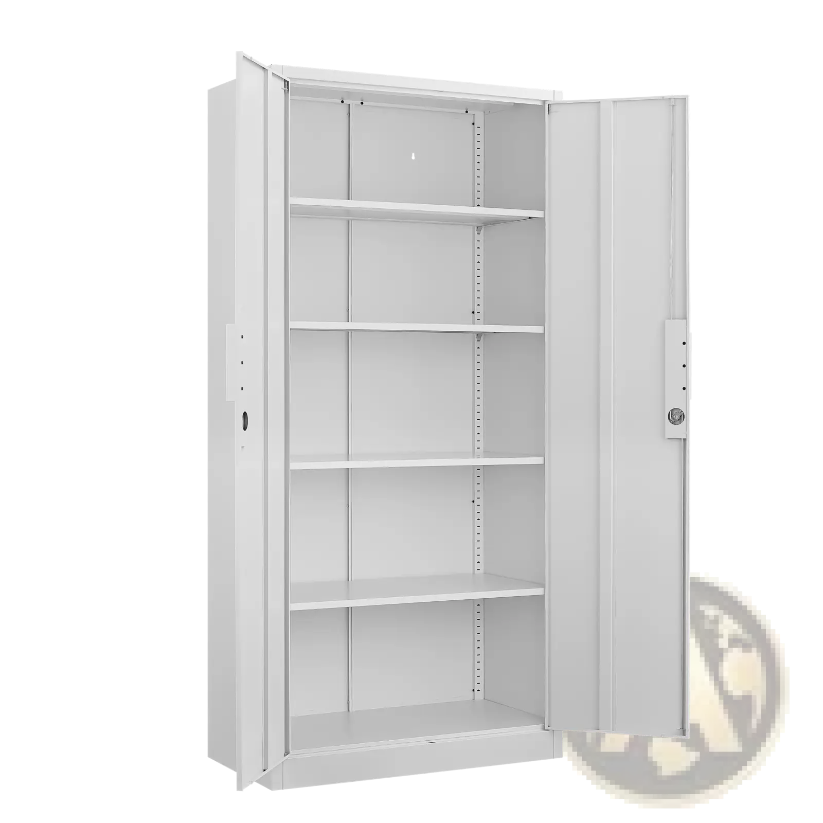 White steel file cabinet 70 inch with two lockable doors and four adjustable shelves for secure storage