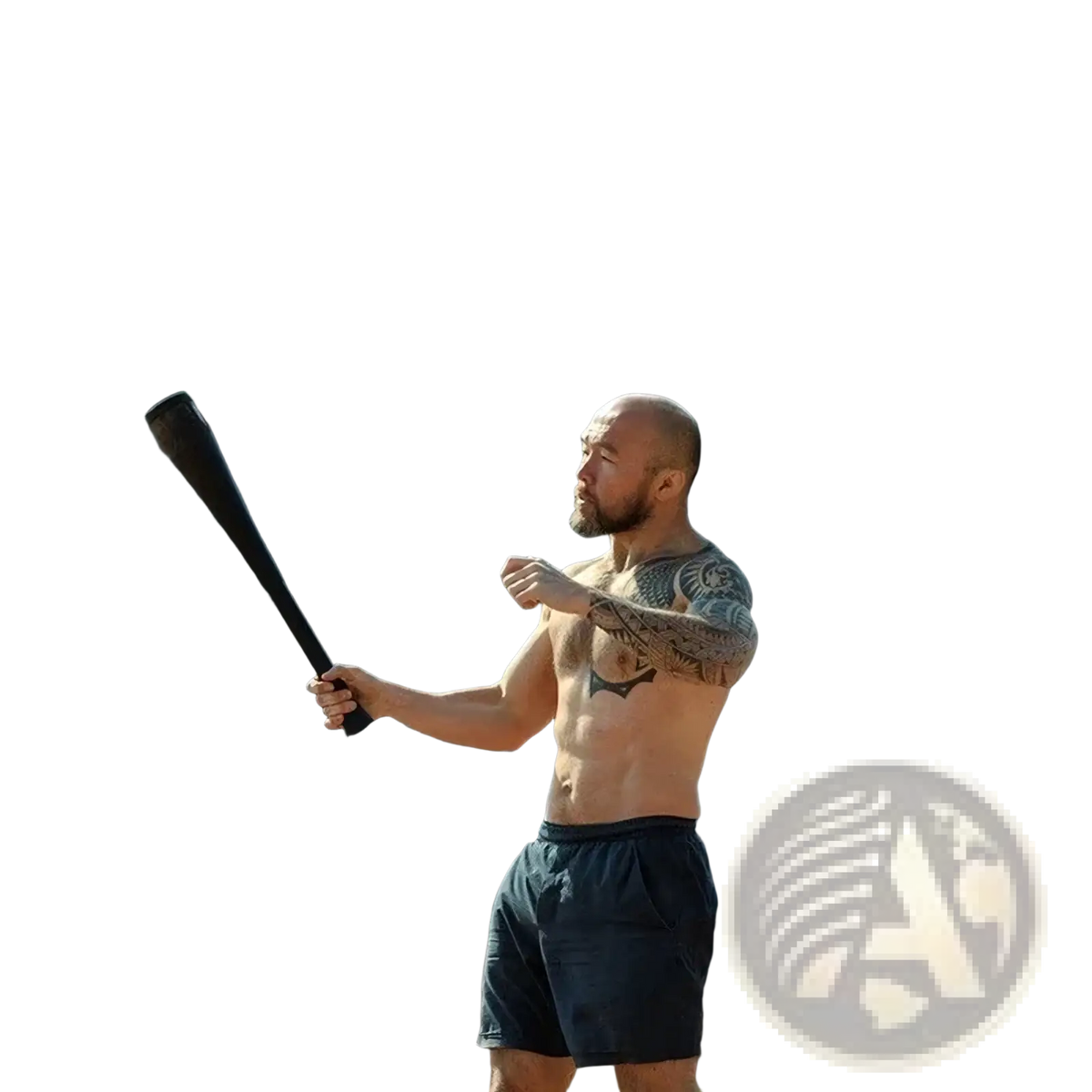 A man with tattoos holding a black steel fitness clubbell 2-32kg Indian club for strength training