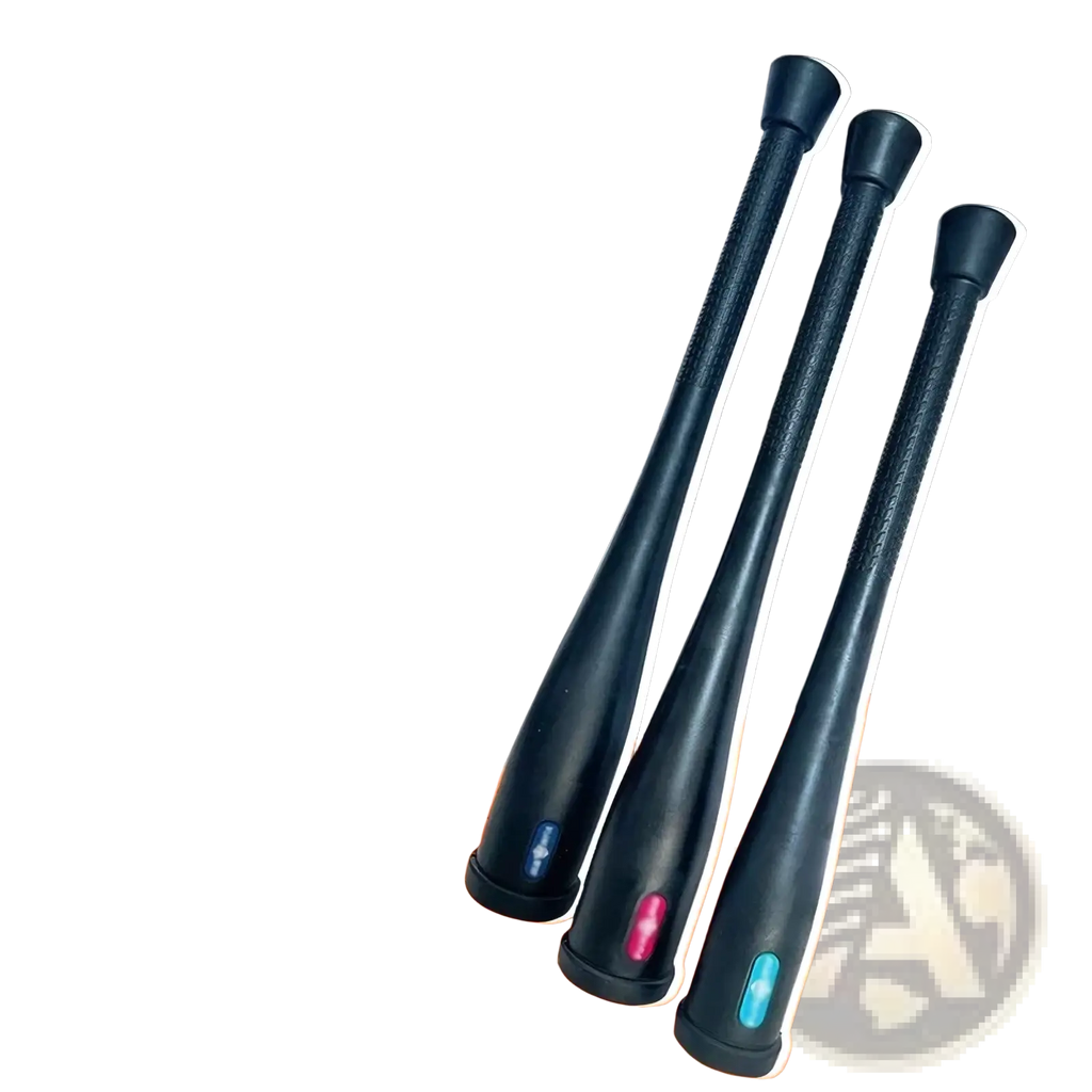 Three black steel fitness clubbells with textured grips and colored base accents for strength training use