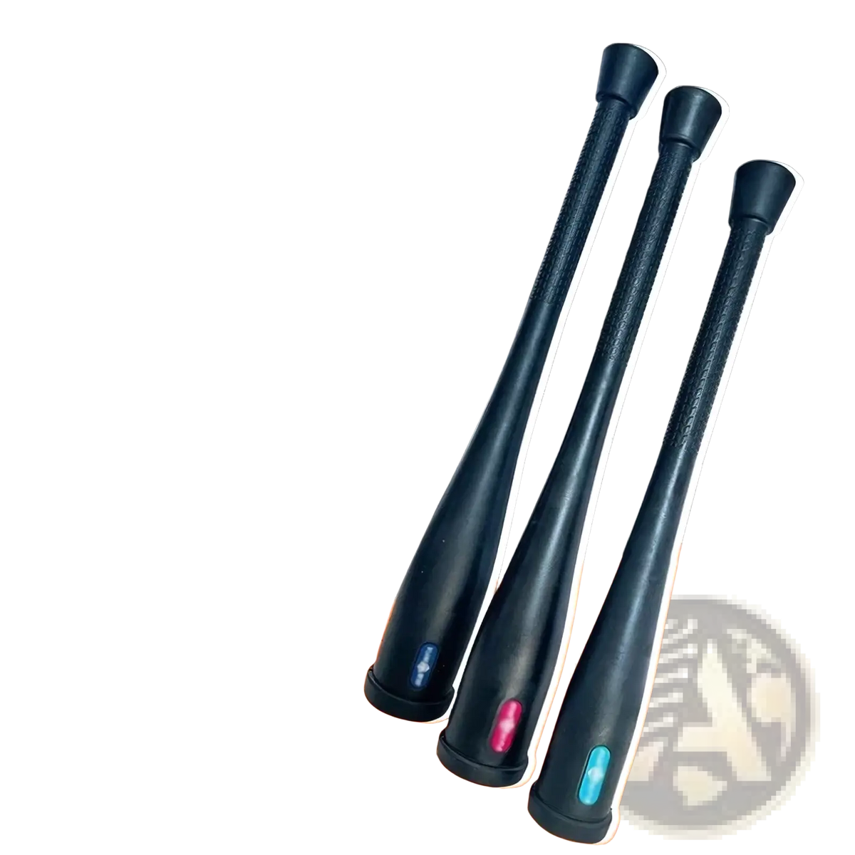 Three black steel fitness clubbells with textured grips and colored base accents for strength training use