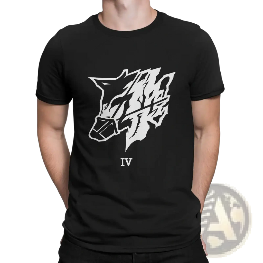 Black cotton short-sleeved t-shirt featuring a bold white wolf head graphic and roman numeral iv for mens wear