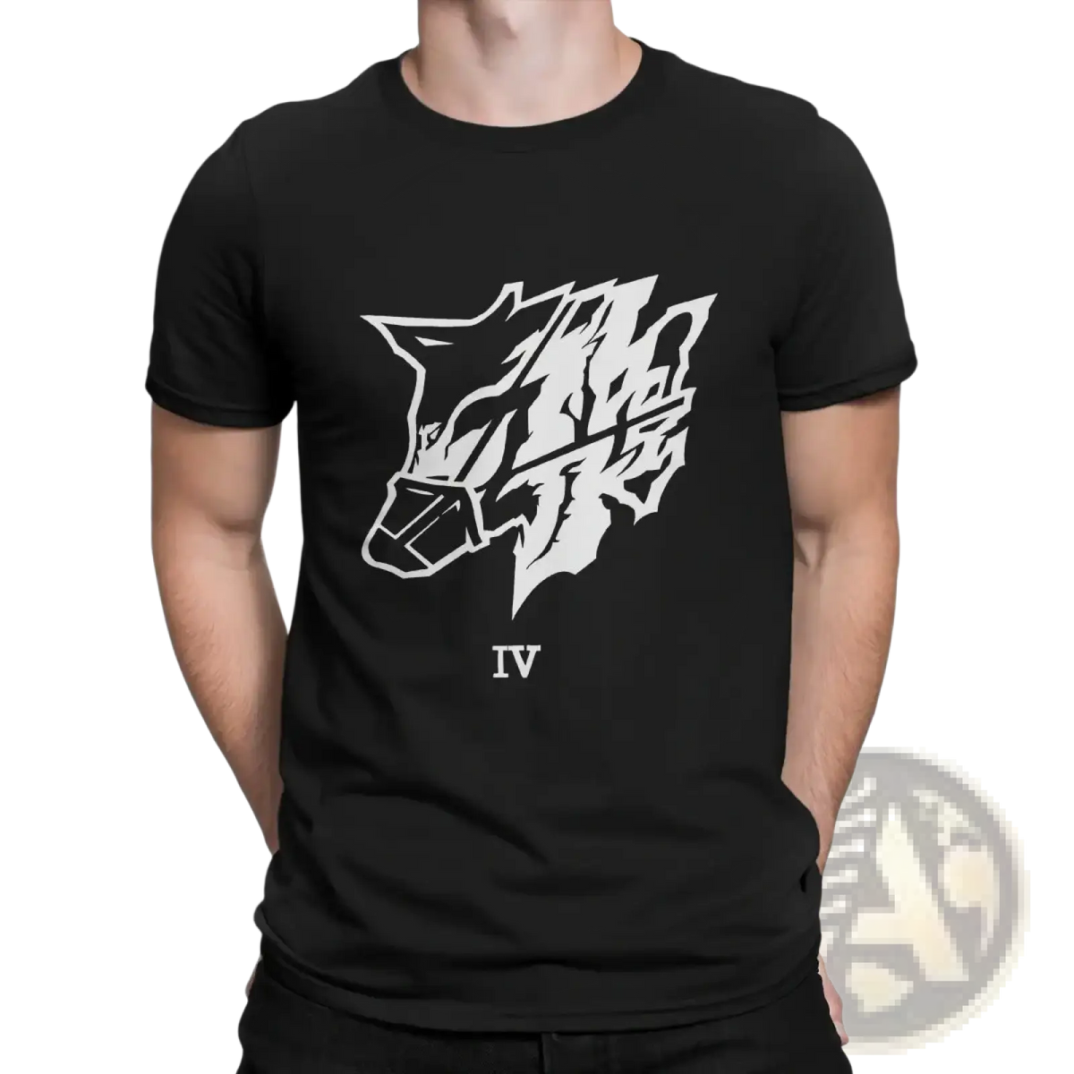 Black cotton short-sleeved t-shirt featuring a bold white wolf head graphic and roman numeral iv for mens wear