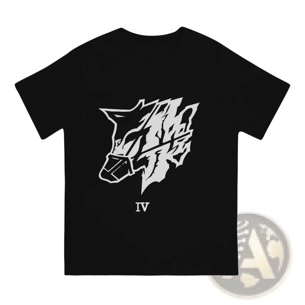 Black cotton mens t-shirt featuring a bold white abstract wolf head graphic with roman numeral iv below