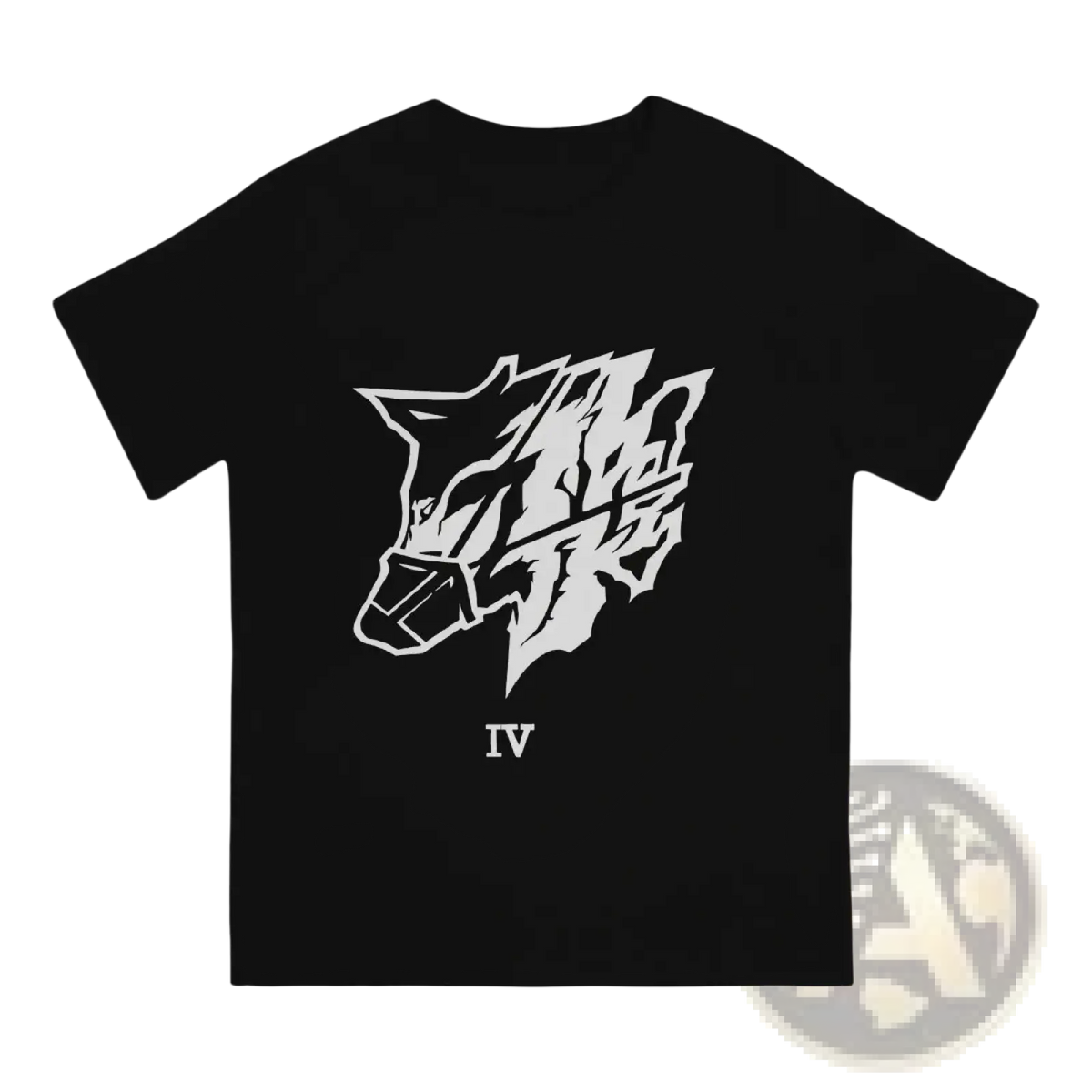 Black cotton mens t-shirt featuring a bold white abstract wolf head graphic with roman numeral iv below