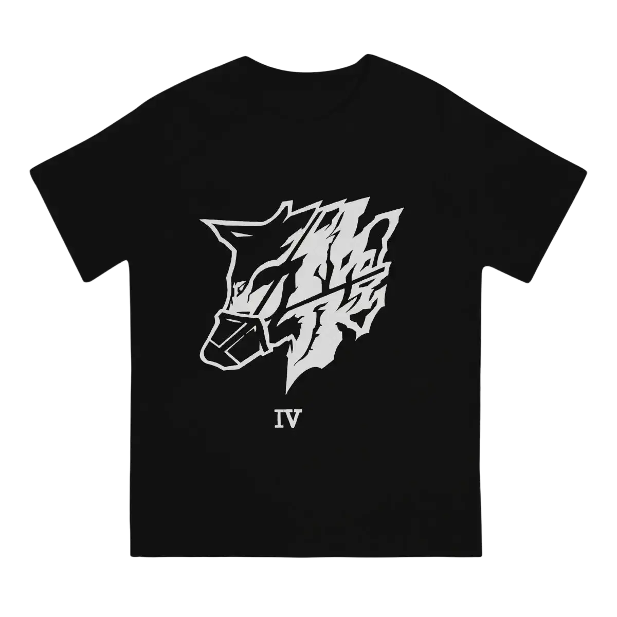 Black short-sleeved graphic mens cotton t-shirt featuring a bold white wolf graphic with roman numeral iv below