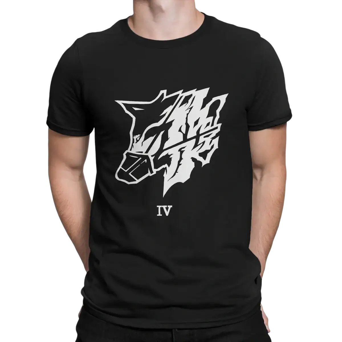 Black cotton mens t-shirt featuring a bold white stylized wolf head graphic with roman numeral iv below it