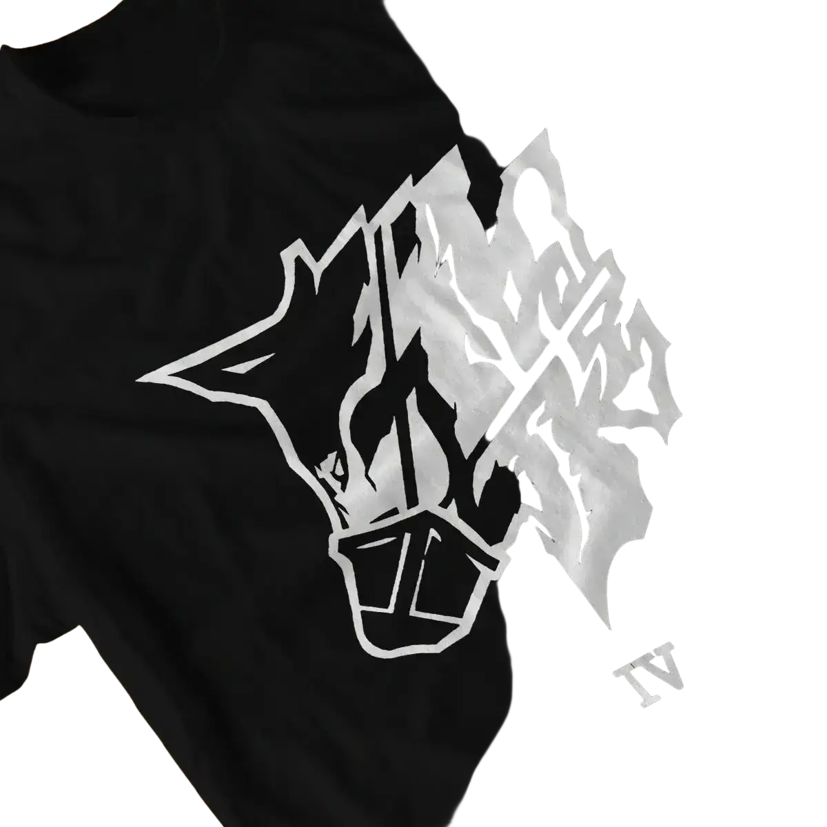 Black cotton graphic mens t shirt featuring bold white wolf graphic with sharp angular lines and graffiti lettering