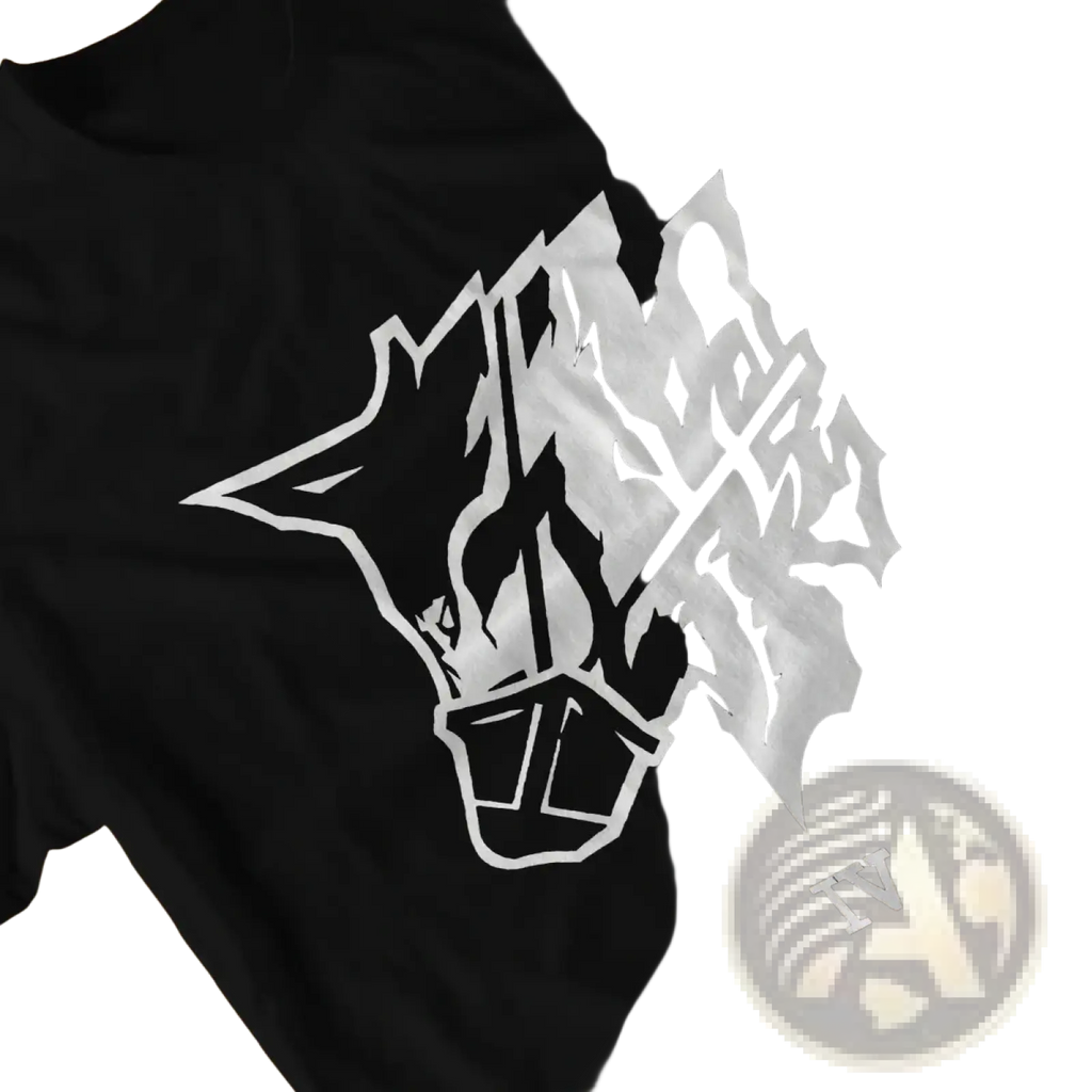 Black cotton mens t-shirt featuring a bold white graffiti-style wolf head graphic with a stylized mask design