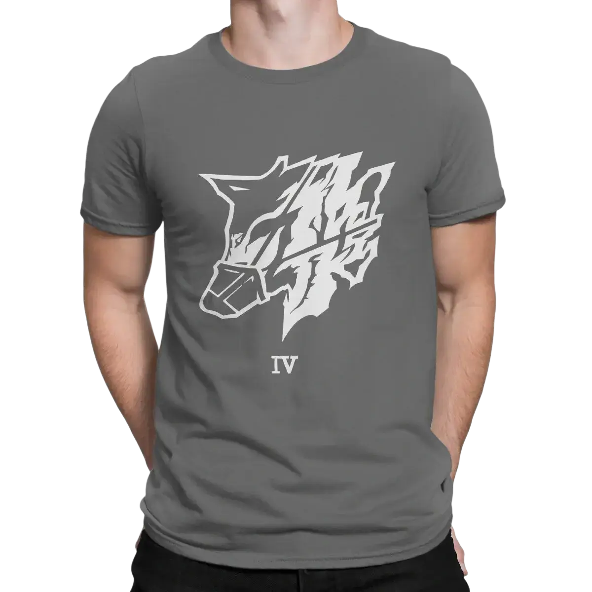 Gray cotton crew-neck t-shirt with bold white stylized wolf head and roman numeral iv graphic for men