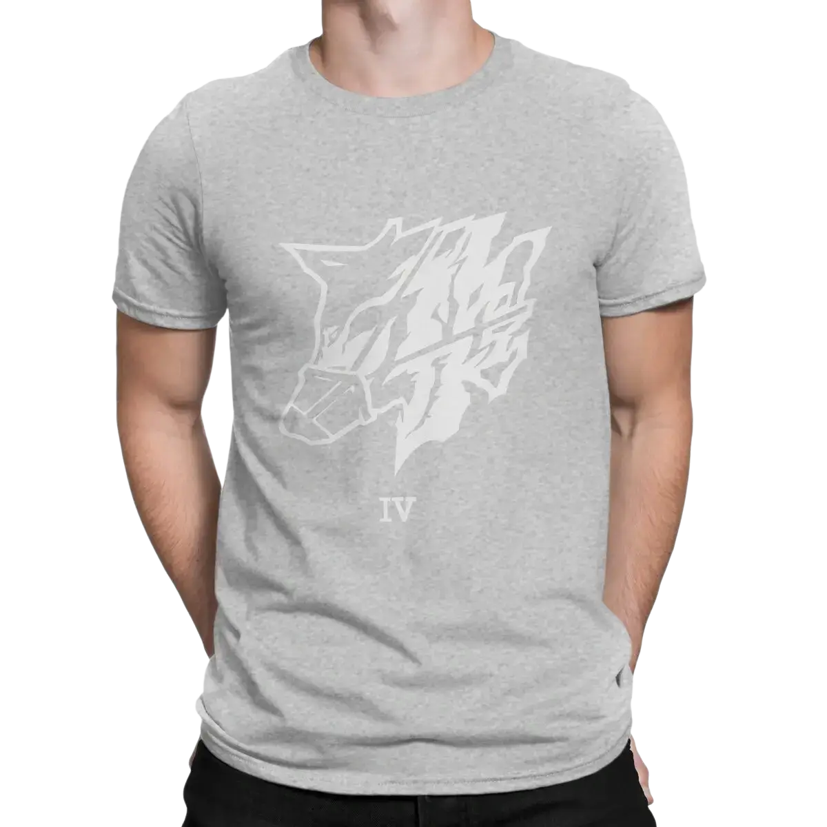 Heather gray steel haze wolf graphic mens cotton t shirt with white stylized wolf head and the wolf iv text design