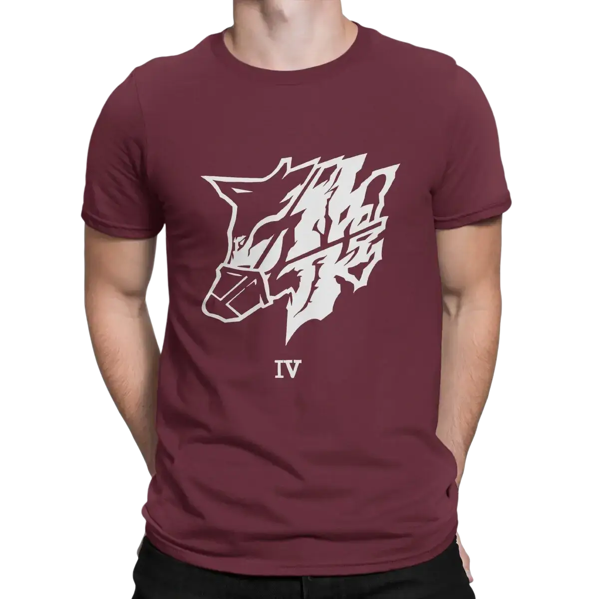 Maroon short-sleeved cotton t-shirt featuring a bold white steel haze wolf graphic with roman numeral iv beneath