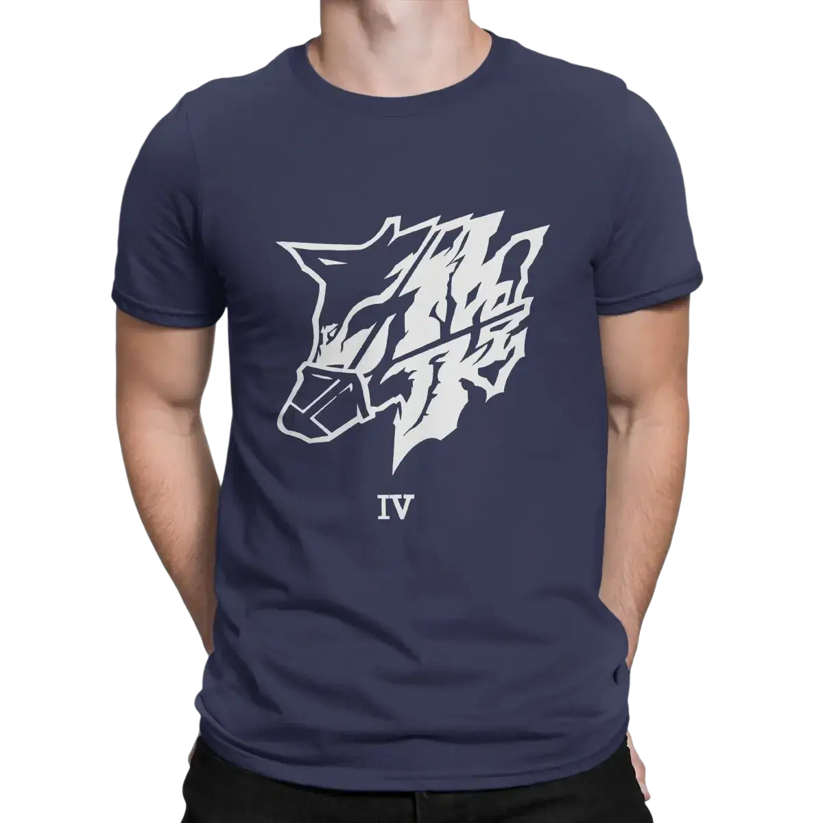 Navy blue cotton crew neck t-shirt with white stylized wolf head graphic and roman numeral iv from Steel Haze Wolf Graphic mens collection