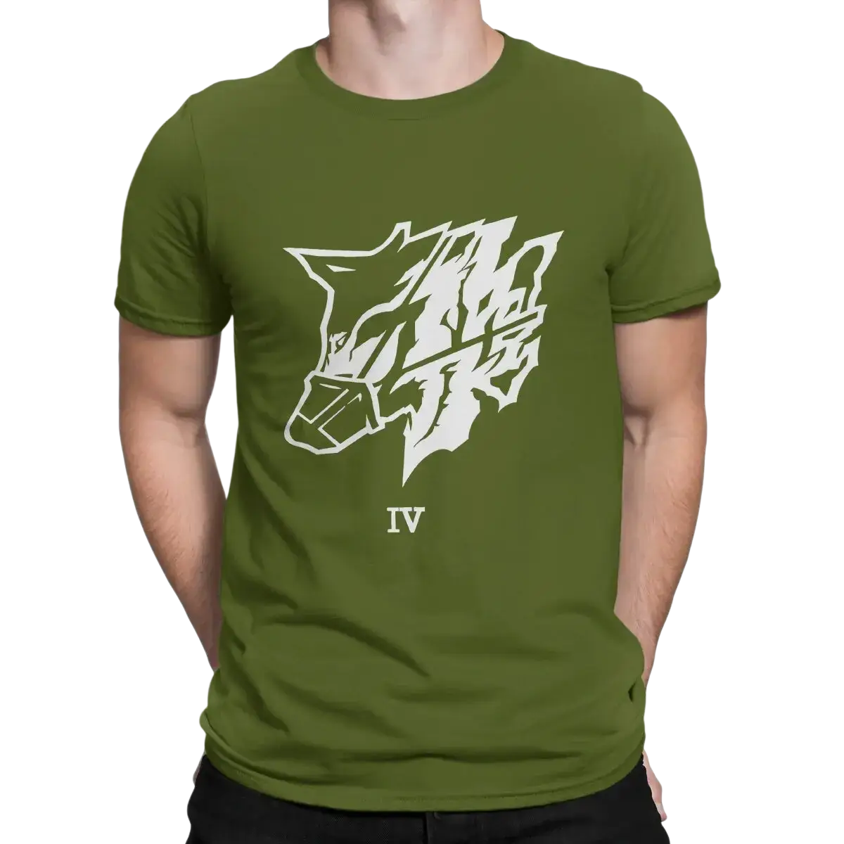 Olive green cotton crew-neck t-shirt with bold white graffiti wolf head and roman numeral iv graphic for men