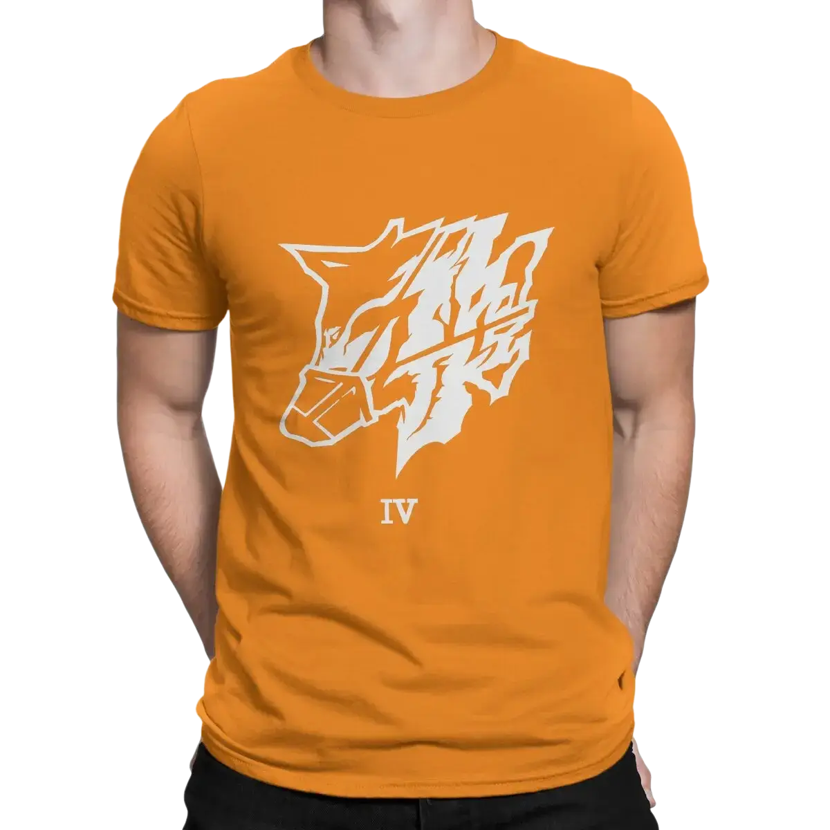 Orange cotton crew-neck t-shirt featuring a white stylized steel haze wolf graphic and iv text for men