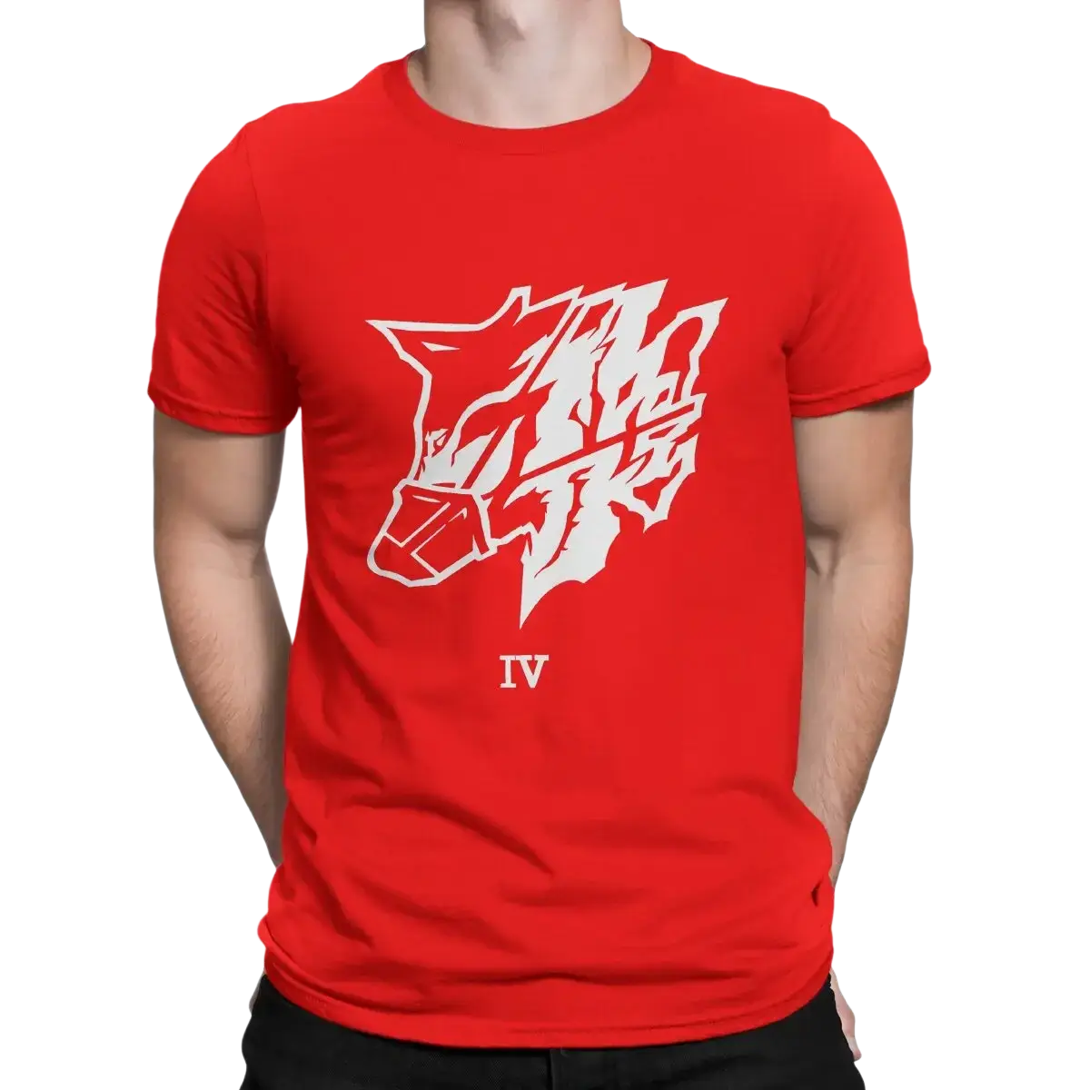 Red short-sleeved cotton steel haze wolf mens t-shirt with bold white stylized graphic and roman numeral iv beneath