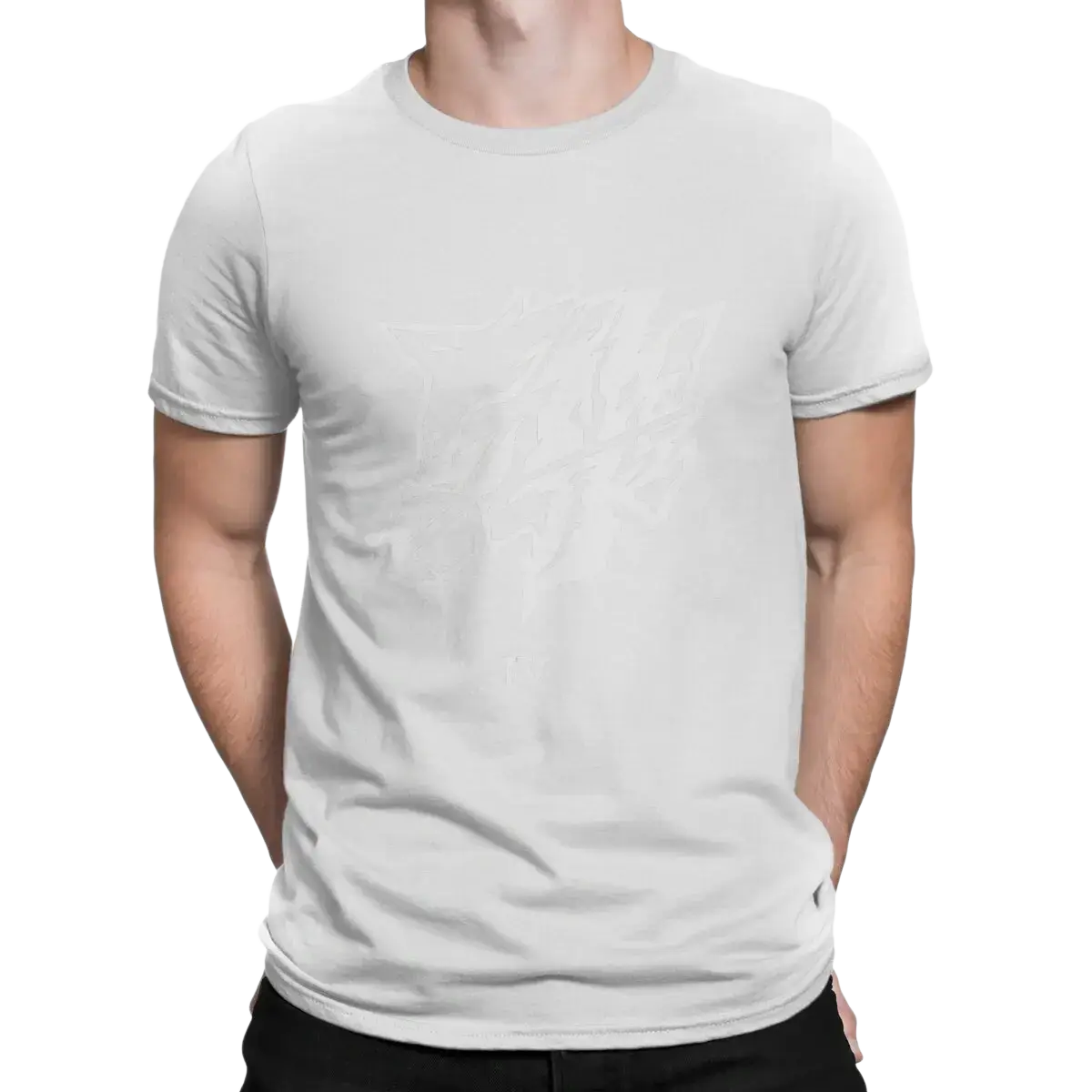 White cotton crew-neck t-shirt with short sleeves featuring a steel haze wolf graphic for men