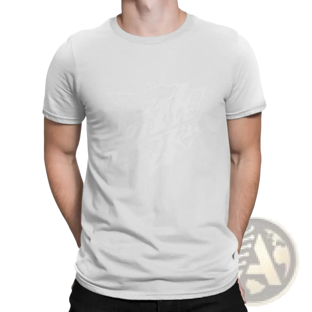 White cotton crew-neck t-shirt with short sleeves featuring a steel haze wolf graphic for men
