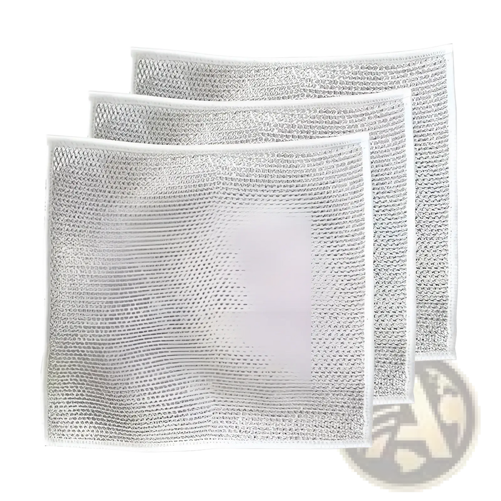 Set of three white steel wire mesh kitchen scrubbers with textured woven pattern and reinforced edges 20x20cm
