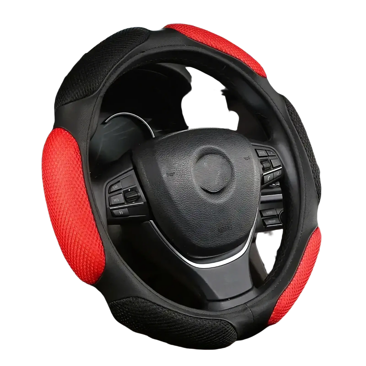 Universal 38cm steering wheel cover in red and black mesh with textured grip areas for enhanced driving control