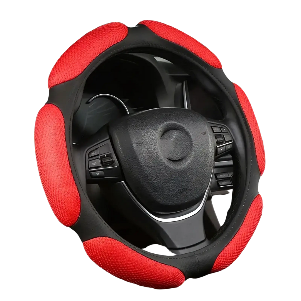 Universal 38cm steering wheel cover in red and black mesh with textured breathable design for comfortable grip