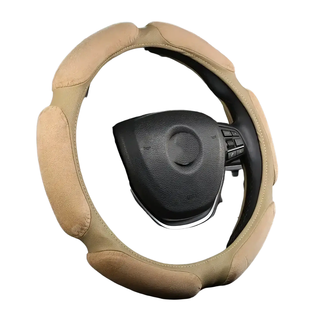 Beige suede universal 38cm steering wheel cover with stitched detailing for enhanced grip and comfort