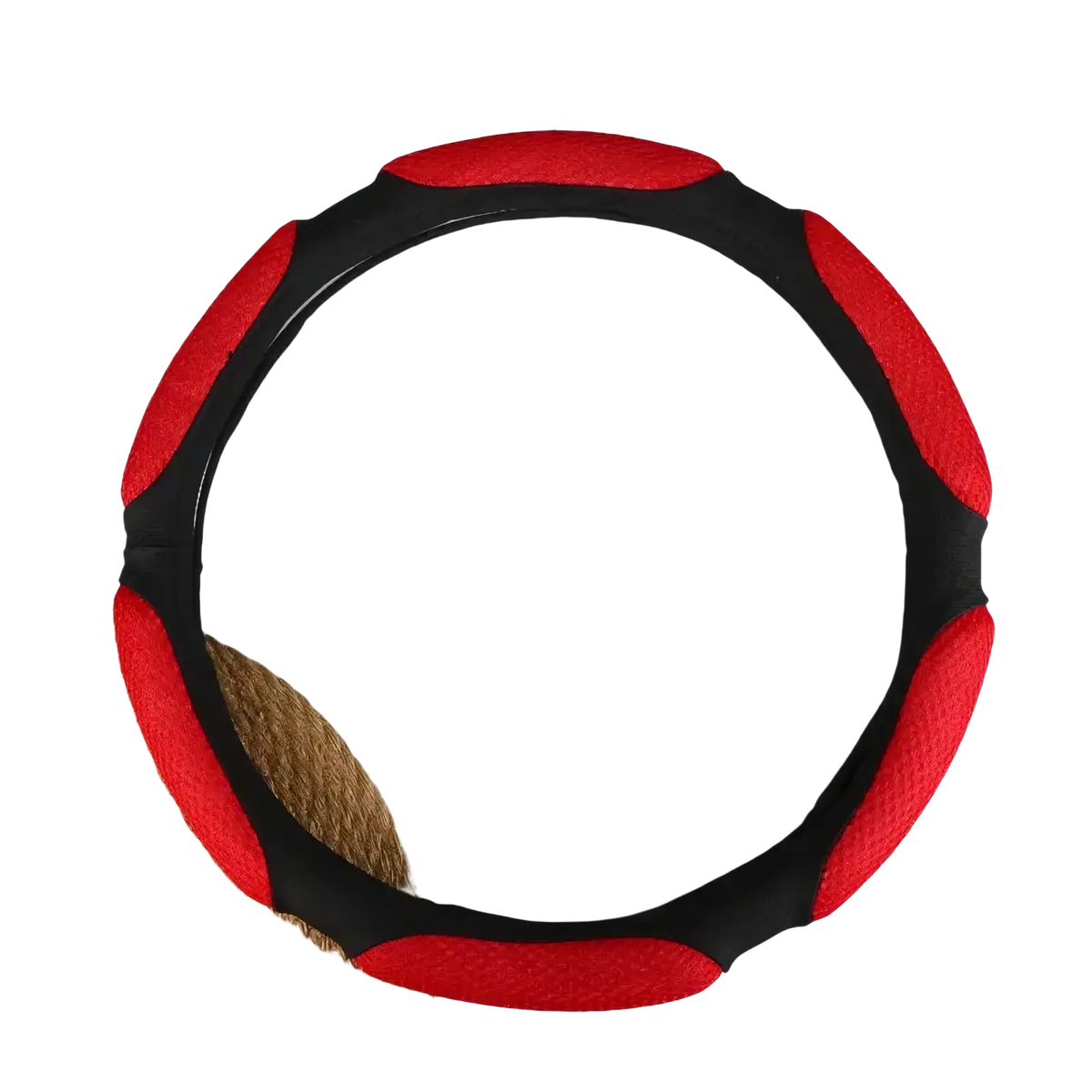 Universal 38cm steering wheel cover in red and black textured material with sporty design for enhanced grip