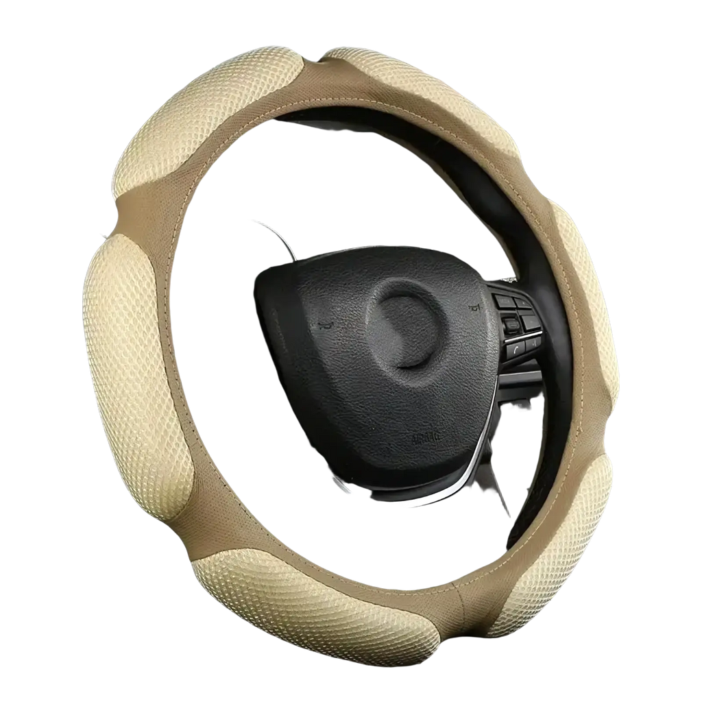 Beige universal 38cm steering wheel cover with breathable textured mesh design for enhanced grip and comfort