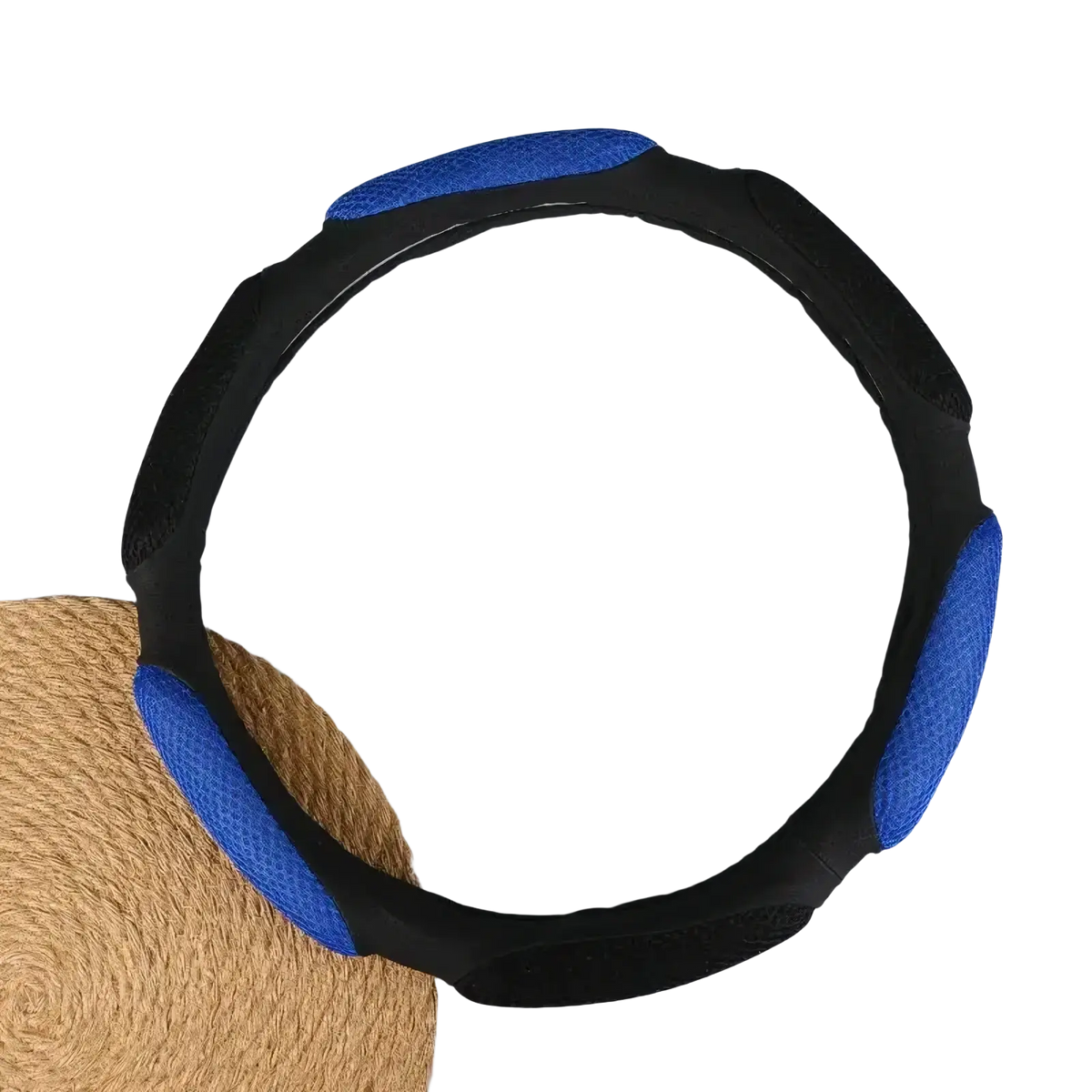 Universal 38cm black and blue textured steering wheel cover with padded grip sections for enhanced comfort and control