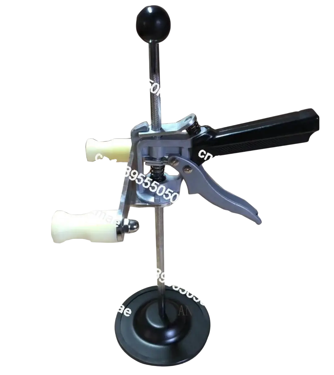 Black and silver metal steering wheel holder with black handle and white grips for 3d four-wheel aligner