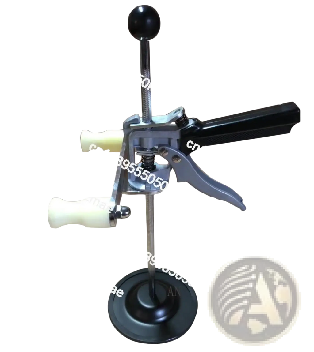 Black and silver metal steering wheel holder with black handle and white grips for 3d four-wheel aligner