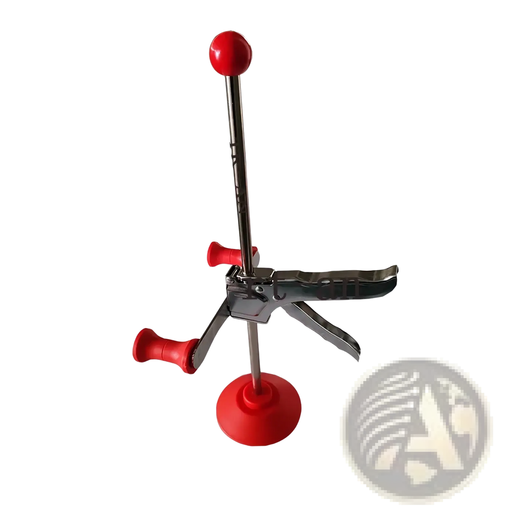 Red-handled laboratory clamp with metallic frame and adjustable arms for steering wheel holder in 3d four-wheel aligner