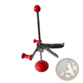Red-handled laboratory clamp with metallic frame and adjustable arms for steering wheel holder in 3d four-wheel aligner