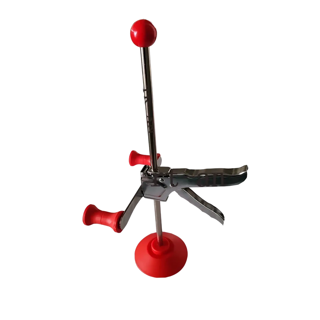 Red-handled laboratory clamp with metallic frame and adjustable arms for steering wheel holder in 3d four-wheel aligner