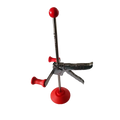 Red-handled laboratory clamp with metallic frame and adjustable arms for steering wheel holder in 3d four-wheel aligner