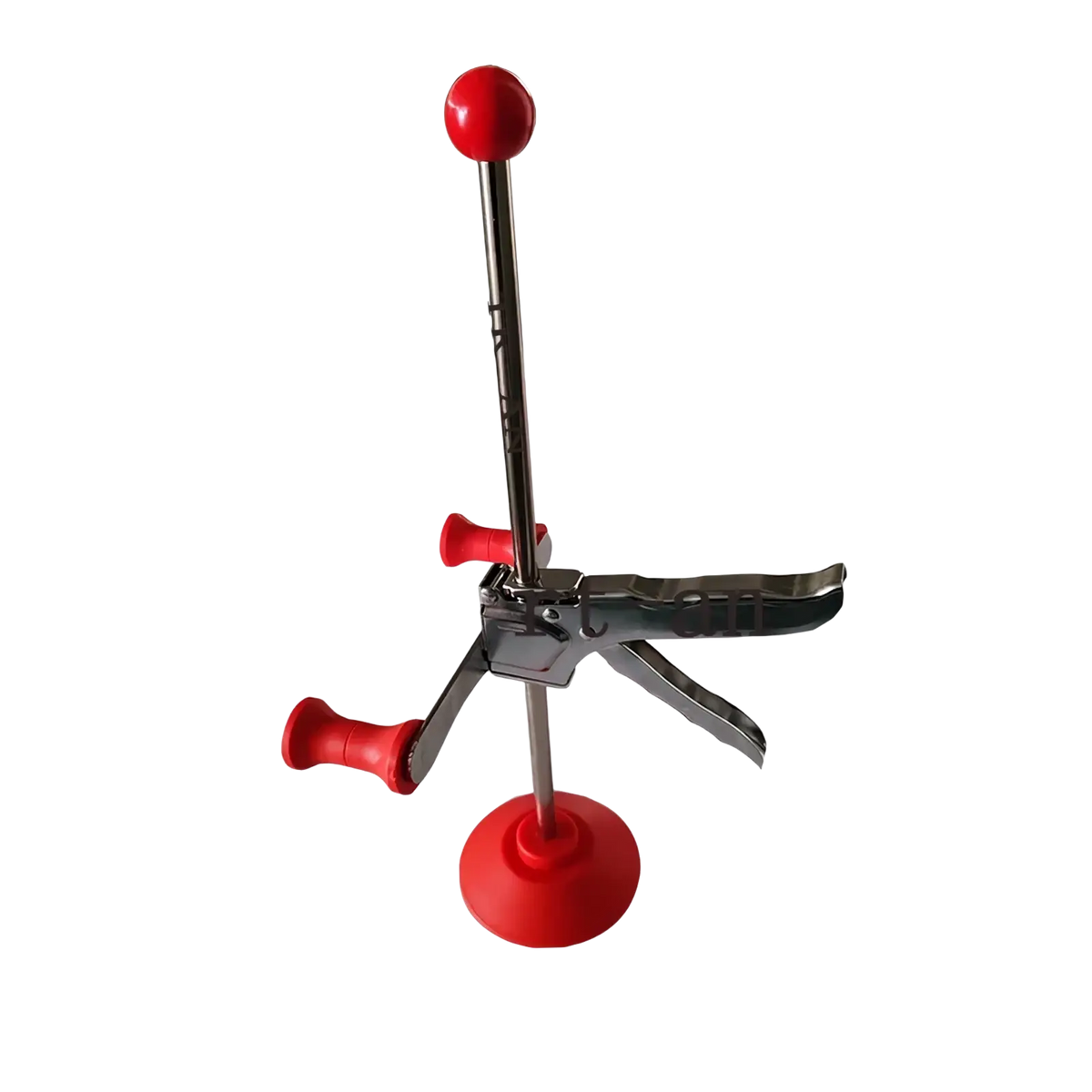 Red-handled laboratory clamp with metallic frame and adjustable arms for steering wheel holder in 3d four-wheel aligner
