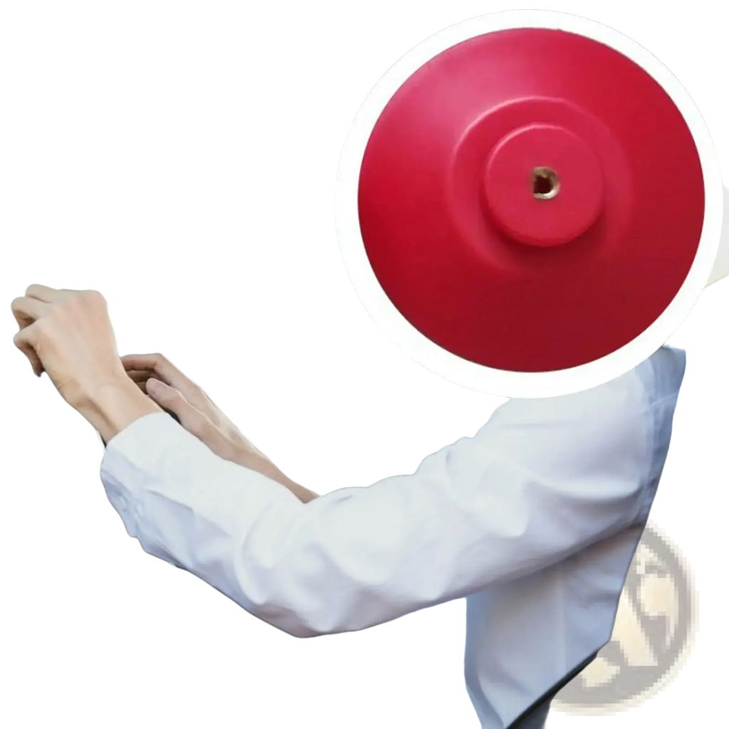 Red circular metal car alarm bell with central mounting hole for steering wheel holder stand base alignment tool
