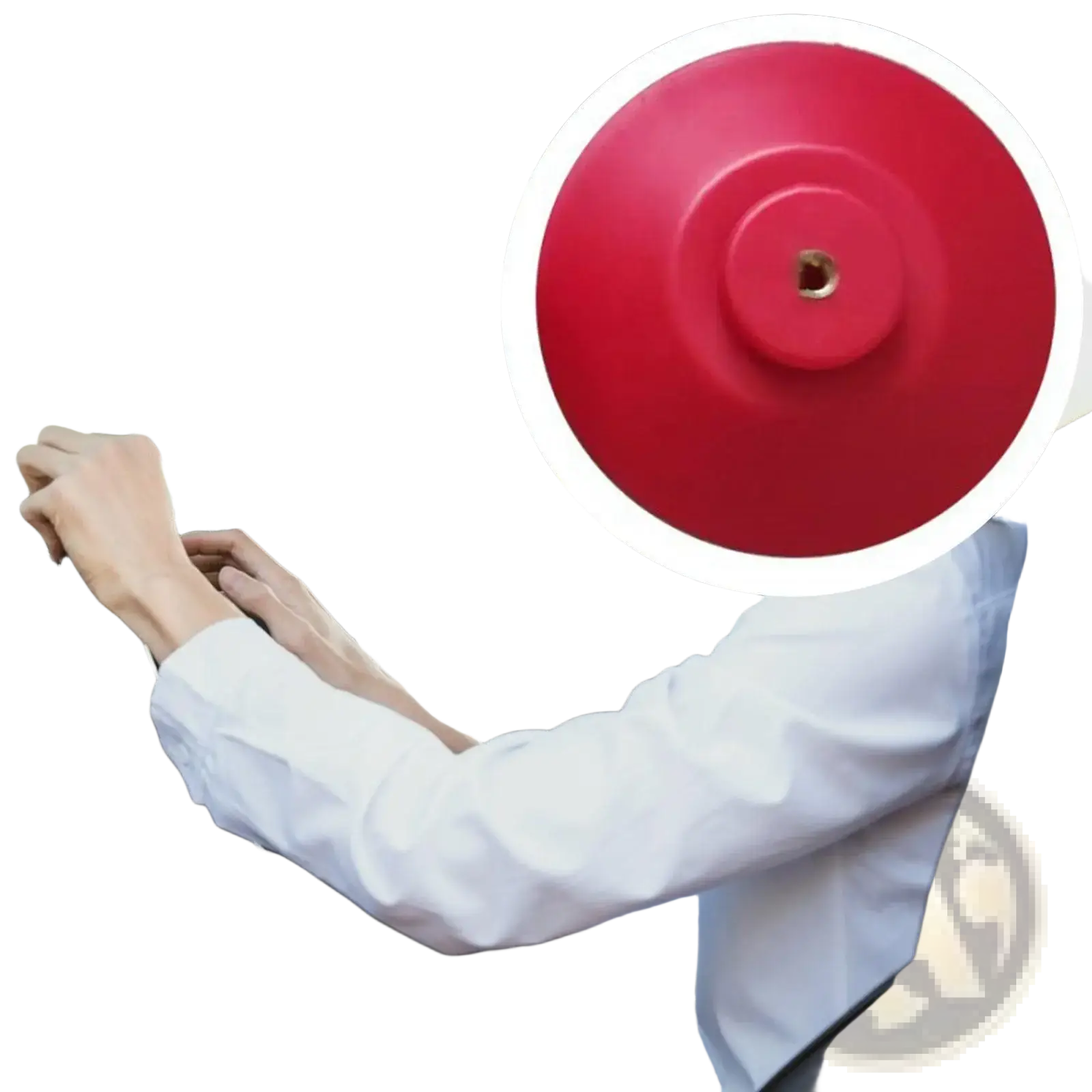 Red circular metal car alarm bell with central mounting hole for steering wheel holder stand base alignment tool