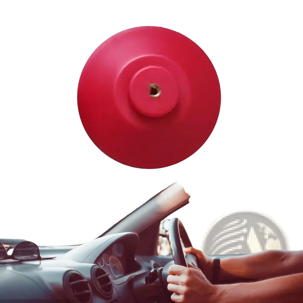 Red circular car horn cover with central mounting hole for steering wheel holder stand base universal alignment tool