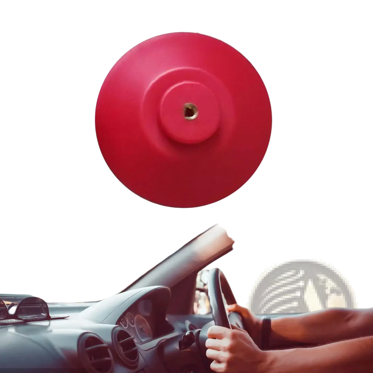 Red circular car horn cover with central mounting hole for steering wheel holder stand base universal alignment tool