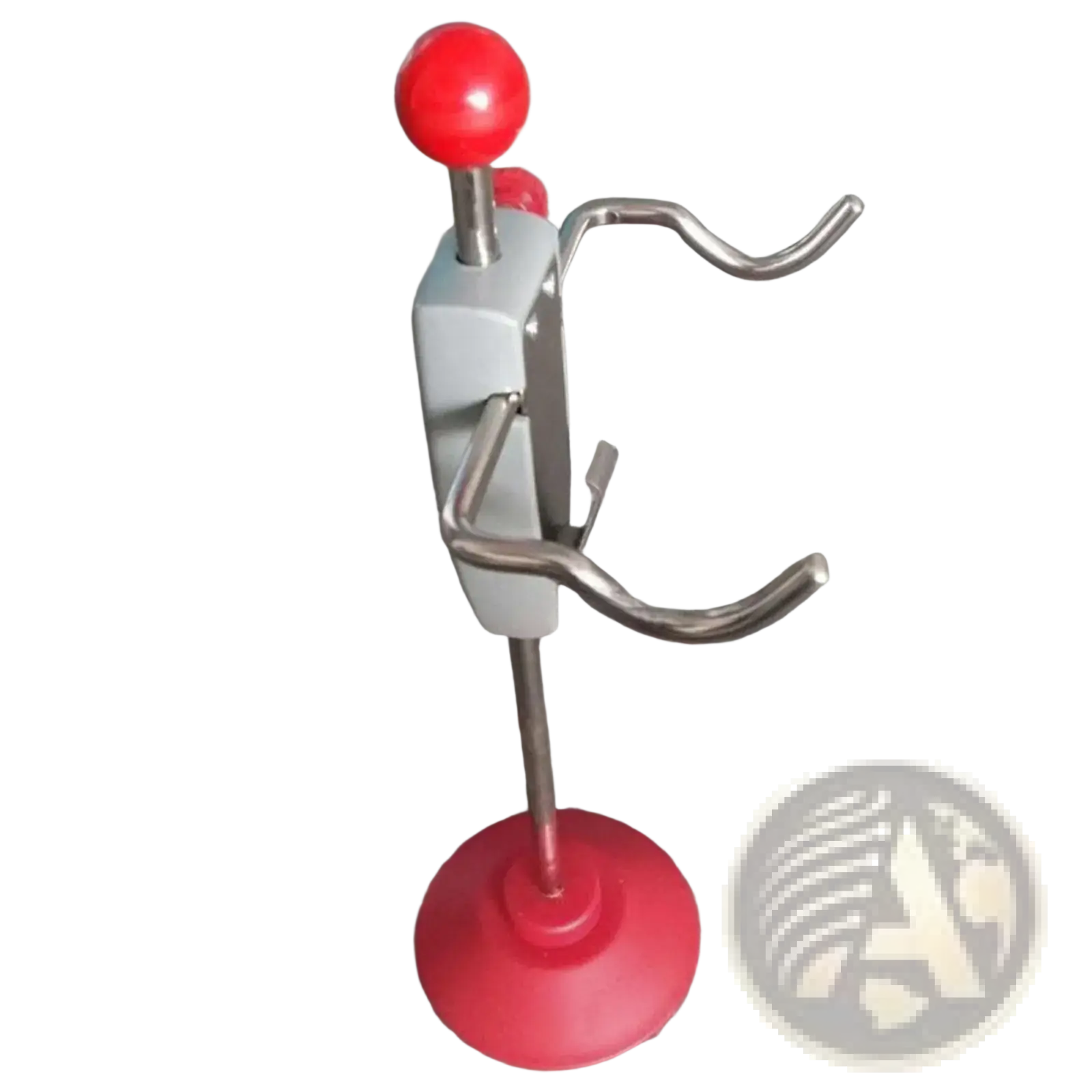 Red and gray suction cup stand with two curved metal hooks for steering wheel holder stand base universal alignment tool