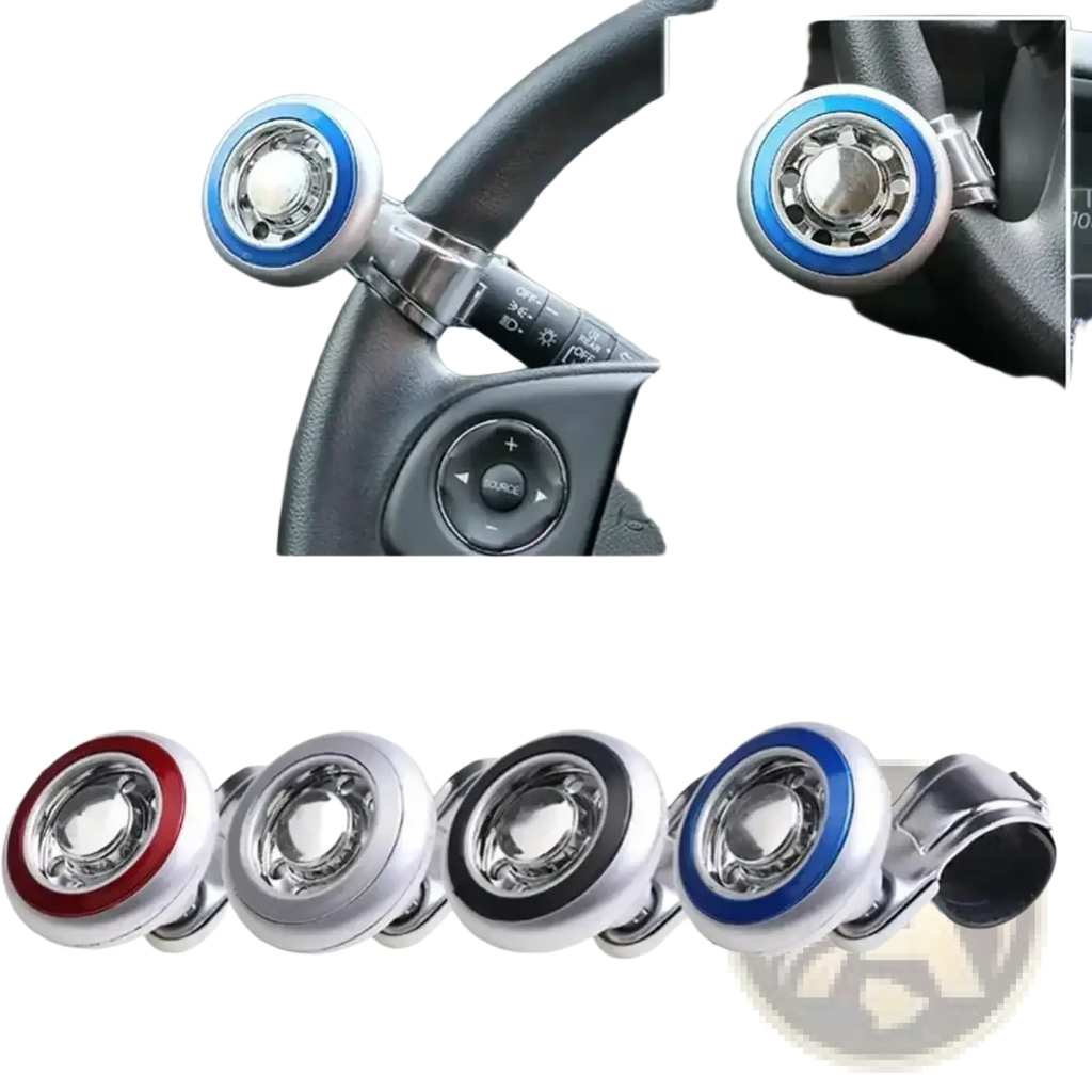 Blue-accented metallic steering wheel spinner with circular design and clip mechanism for 360 rotation universal fit