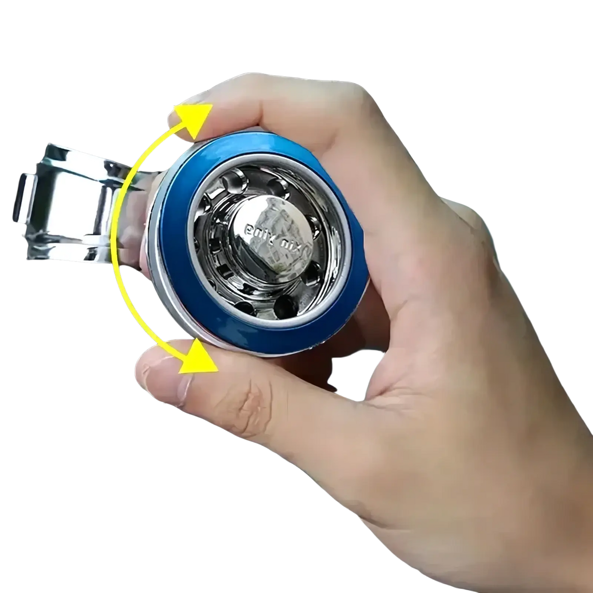 Blue and chrome steering wheel spinner with 360 rotation and metallic center for universal fit vehicles