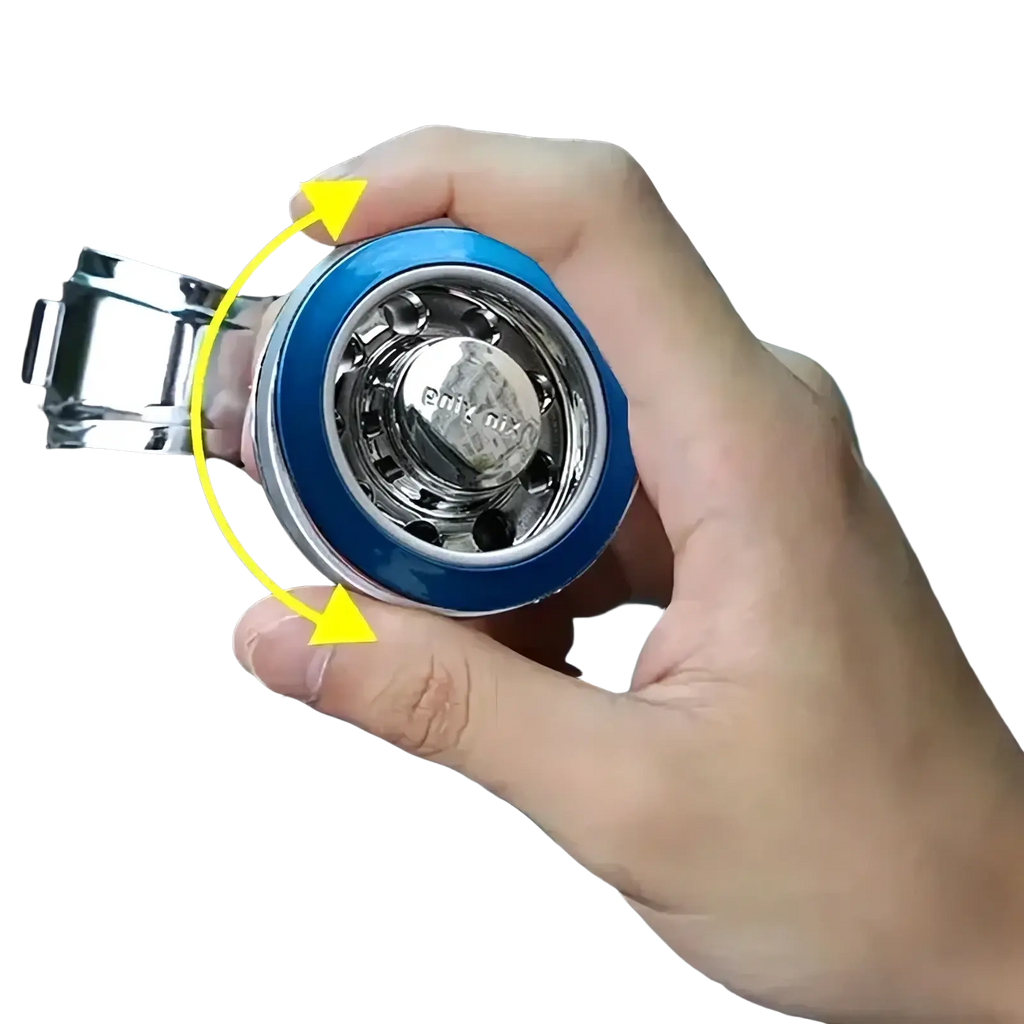 Blue and chrome steering wheel spinner with 360 rotation and metallic center for universal fit vehicles