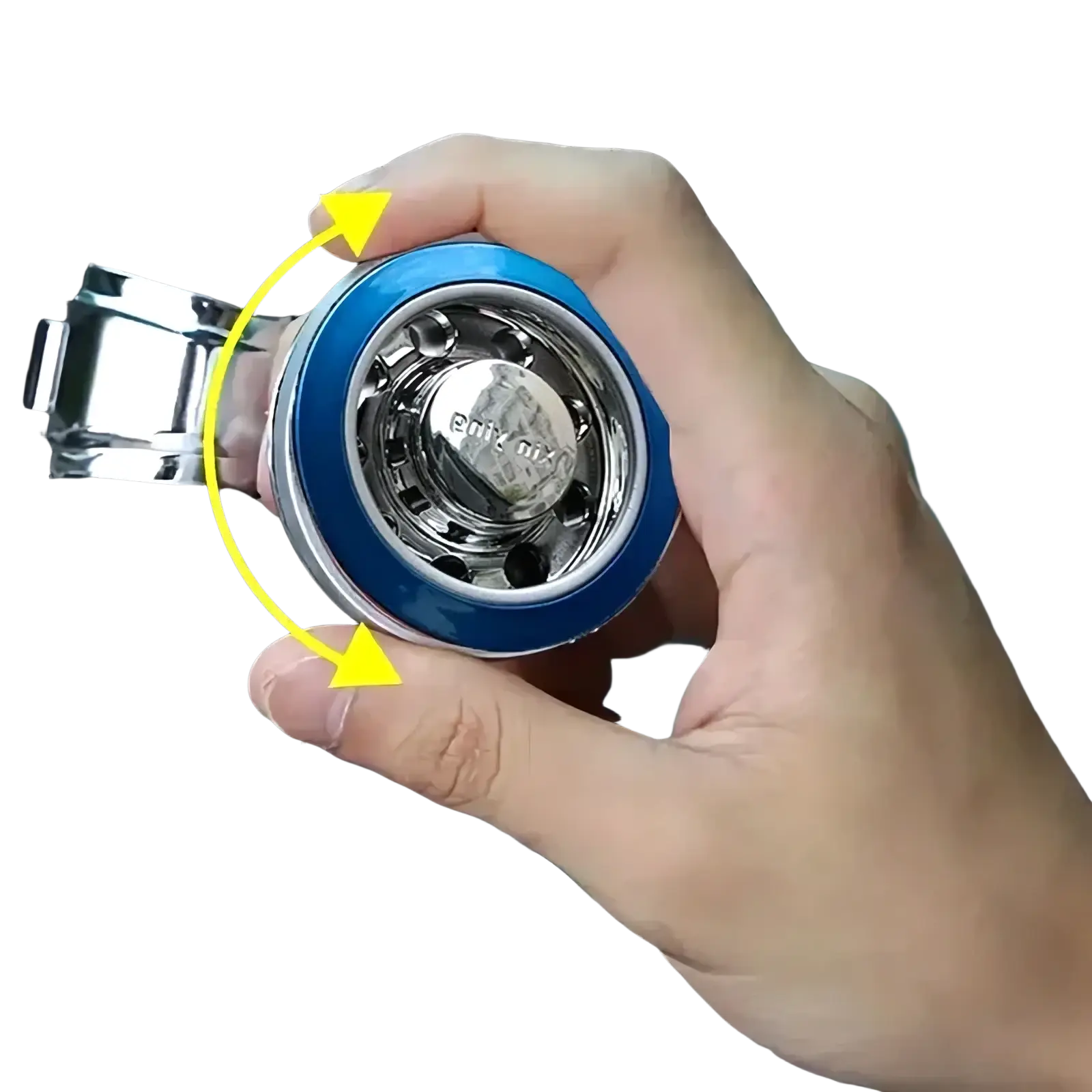 Blue and chrome steering wheel spinner with 360 rotation and metallic center for universal fit vehicles
