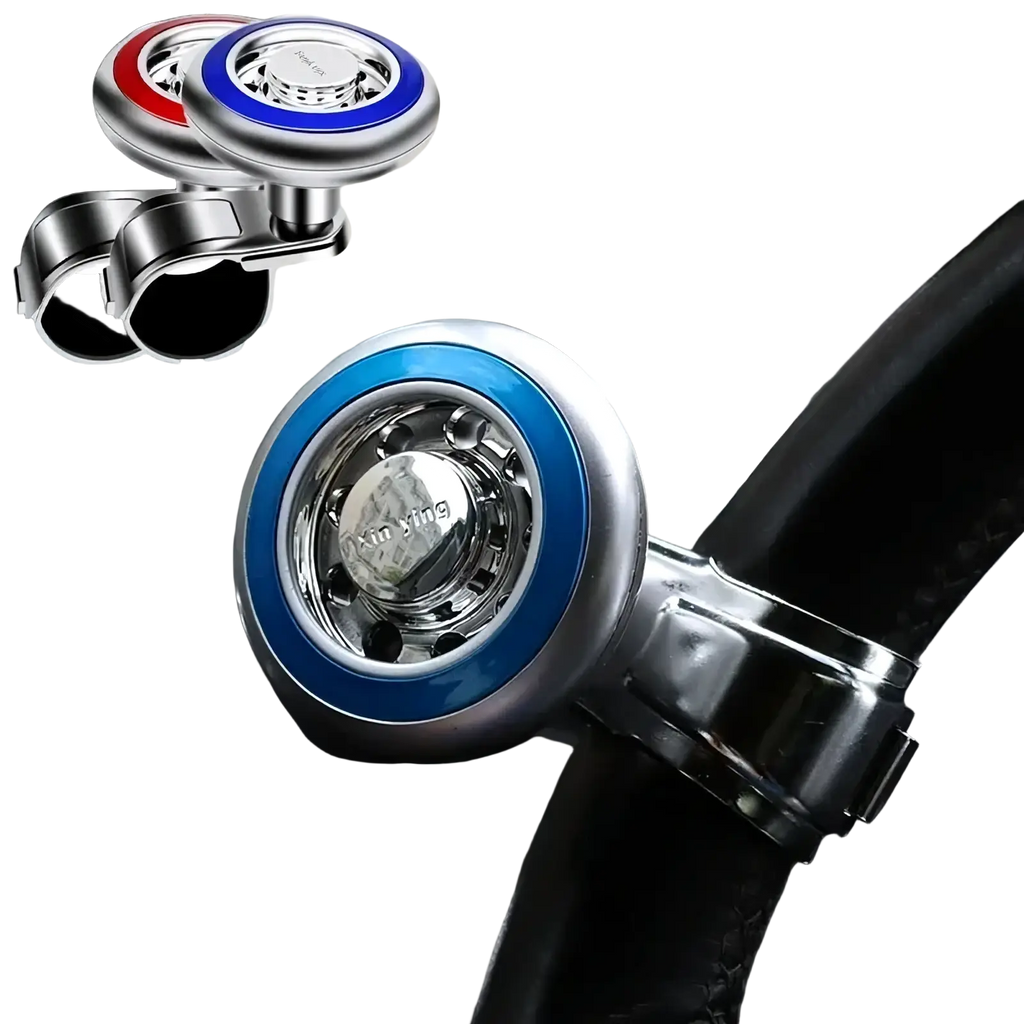 Blue and silver steering wheel spinner with metallic finish featuring 360 rotation and universal fit design