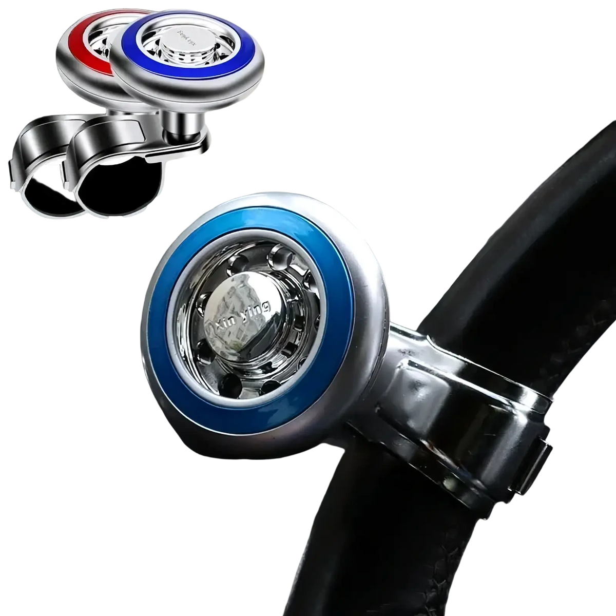 Blue and silver steering wheel spinner with metallic finish featuring 360 rotation and universal fit design