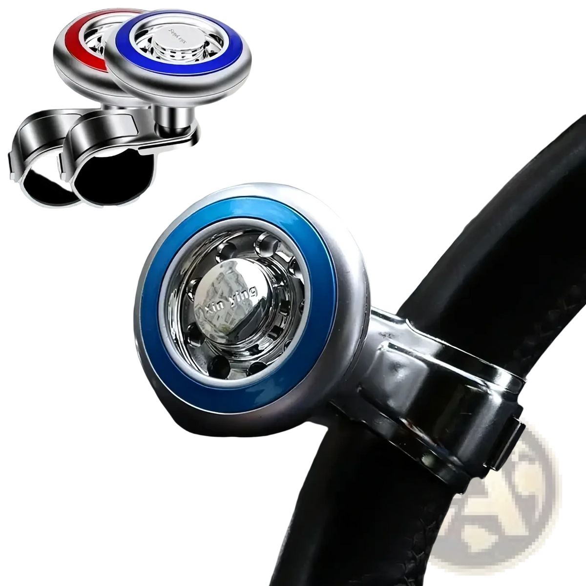 Blue and silver steering wheel spinner with metallic finish featuring 360 rotation and universal fit design