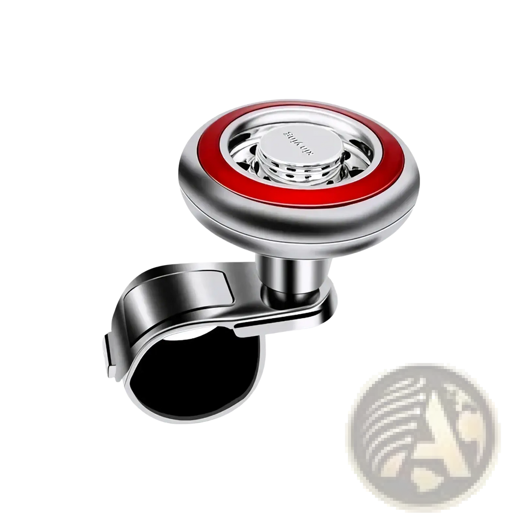 Silver and red magnetic steering wheel spinner with 360 rotation universal fit and sleek circular design