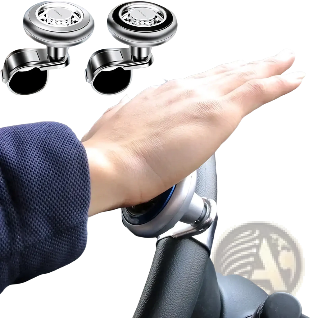 Silver and black magnetic steering wheel spinner with engraved logo and 360 rotation universal fit grip